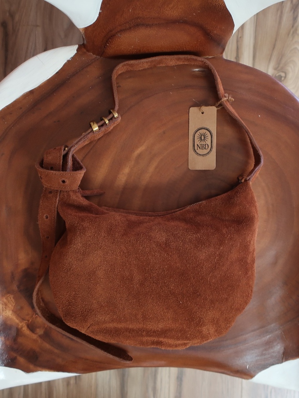 Natalie Borton Sera Cresecent bag in Chestnut Suede